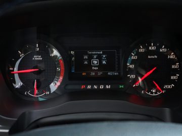 Het dashboard van een auto, dat doet denken aan Fast & Furious: Hobbs & Shaw, met verschillende meters en wijzerplaten.