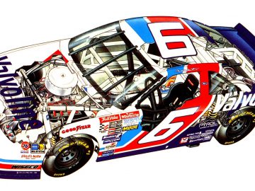 Een foto van een NASCAR-auto met een nummer erop.