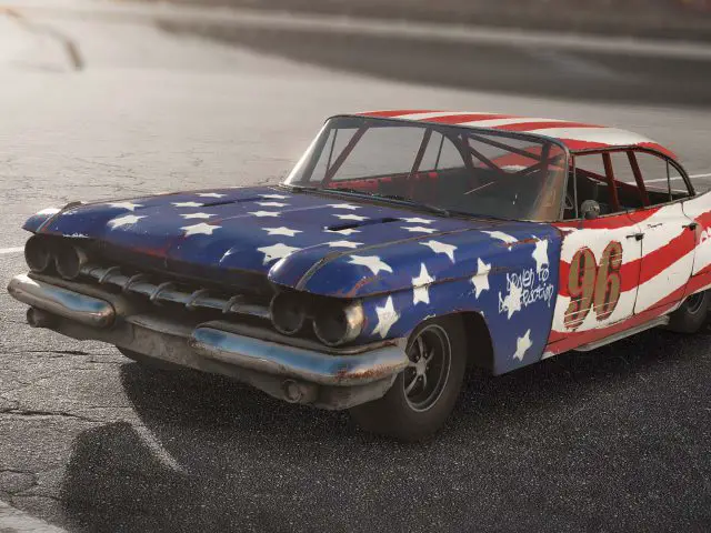 Een Wreckfest-auto met een Amerikaanse vlag erop geschilderd.