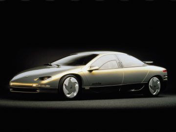 Een afbeelding van een futuristische Dodge-auto in een donkere kamer.