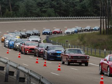 Een groep Ford Mustangs staat opgesteld op een weg.