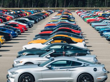 Veel Ford Mustangs geparkeerd op een parkeerplaats.