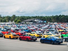 Een grote groep Ford Mustangs geparkeerd op een parkeerplaats.