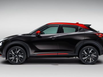 De Nissan Juke 2020 wordt weergegeven in het zwart en rood.