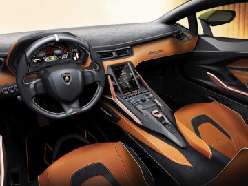 Het interieur van een Lamborghini-sportwagen.