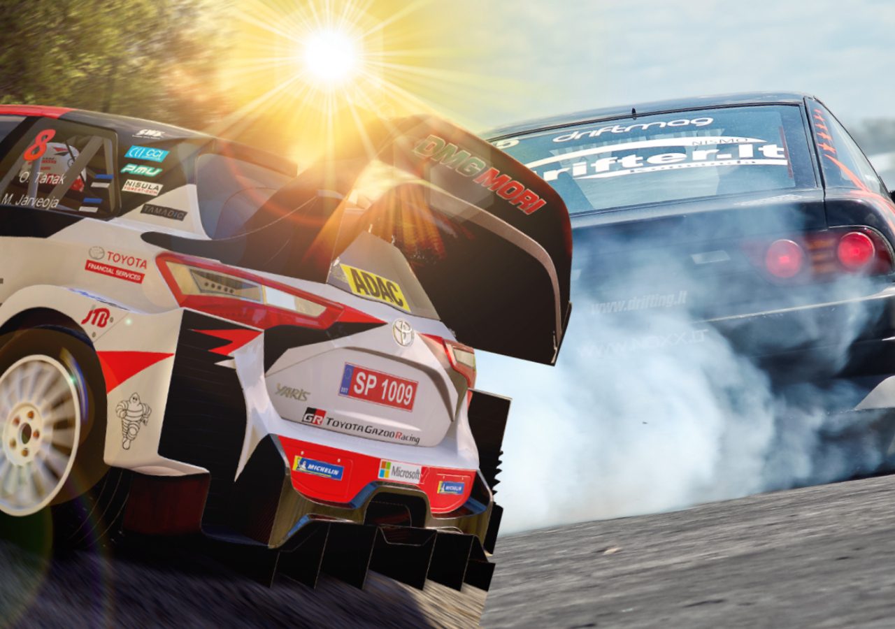 Twee WRC 8-auto's op een circuit waar rook uit komt.