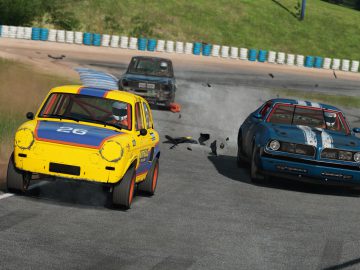 Een screenshot van het Wreckfest-spel met auto's op een baan.