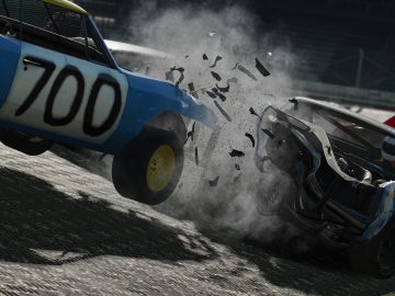In de videogame Wreckfest botst een raceauto tegen een andere auto.