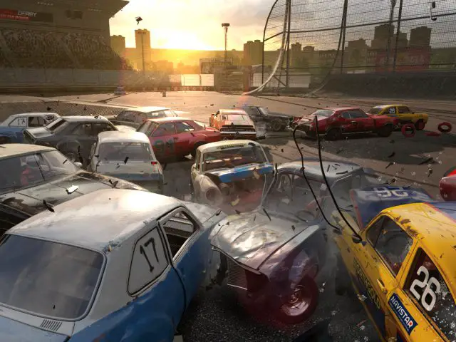 Een screenshot van het Wreckfest-racespel met auto's op de achtergrond.