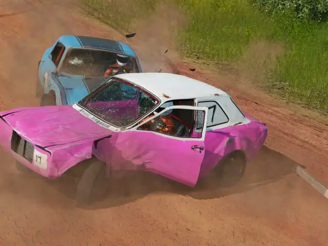 Een roze en paarse auto rijdt over een onverharde weg in Wreckfest.