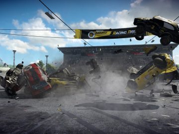 Een screenshot van Wreckfest met een auto midden in een wrak.