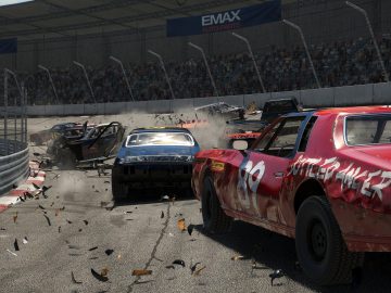 Een screenshot van Wreckfest met auto's op de baan.