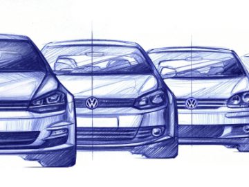 Een tekening van een groep Volkswagen Golf-auto's op een rij.