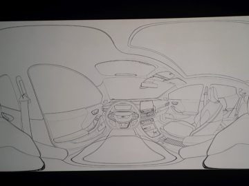 Een tekening van het interieur van een Ford-auto-ontwerp.
