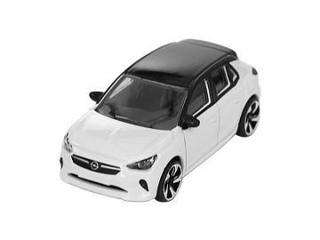 Een witte Opel Corsa speelgoedauto op een witte achtergrond.