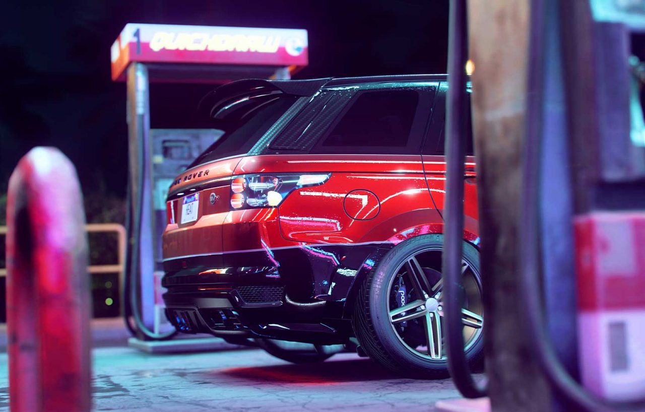 Een rode landrover uit Need for Speed Heat staat geparkeerd bij een benzinestation.