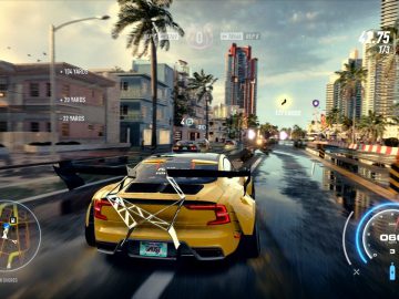 Een screenshot van een auto die door een stadsstraat rijdt in Need for Speed Heat.