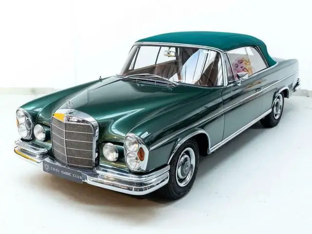 In een witte kamer staat een oude groene Mercedes-Benz cabriolet, ooit eigendom van Freddy Heineken.