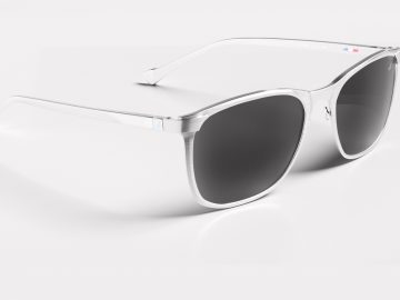 Een witte Alpine Eyewear-zonnebril op een witte achtergrond.