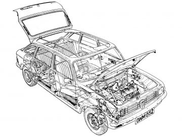 Een tekening van een Austin Maxi met open motorkap.