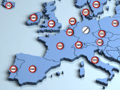 Een kaart van Europa met veel rode stippen die de maximale snelheid aangeven.