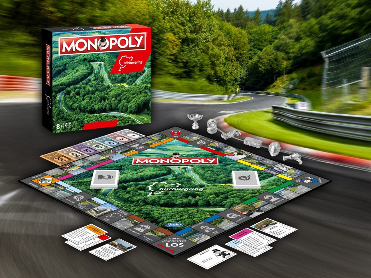 Een Nürburgring-Monopolybord met een raceauto erop.