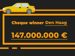 Een gele auto met de woorden 'achtervolging winnaar den haag' en wegenbelasting 2020.