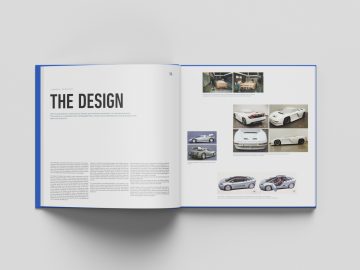 Een open magazine met een artikel over The Last Bugatti Racing Cars met tekst en afbeeldingen van verschillende voertuigen.