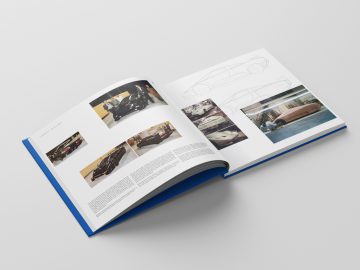 Een open magazine met afbeeldingen en schetsen van The Last Bugatti Racing Cars, verdeeld over twee pagina's.