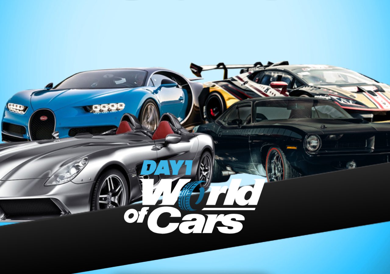Een verzameling hoogwaardige sportwagens met het spandoek "DAY1 World of Cars".