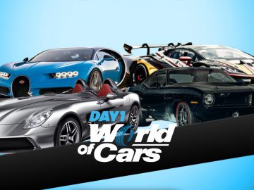 Een verzameling hoogwaardige sportwagens met het spandoek "DAY1 World of Cars".