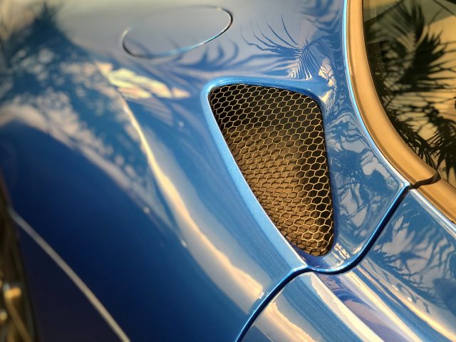 Close-up van de zijopening van een blauwe Lotus-auto met reflecties van palmbomen.