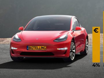 Een Tesla Model 3 staat geparkeerd voor een berg.