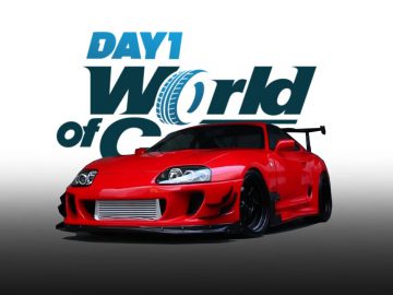 Rode sportwagen met aftermarket-aanpassingen op een achtergrond met de tekst "DAY1 World of Cars".