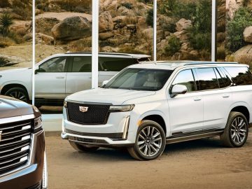 Luxe Cadillac Escalade SUV's tentoongesteld in een woestijnachtige omgeving.