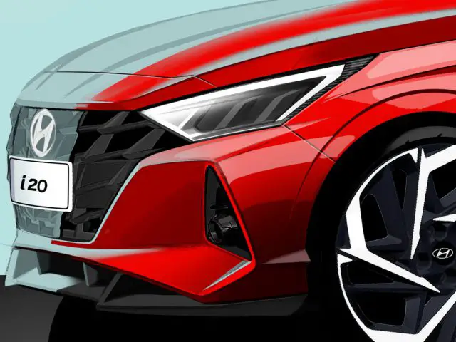 Close-upillustratie van een Hyundai i20-grille en wiel.