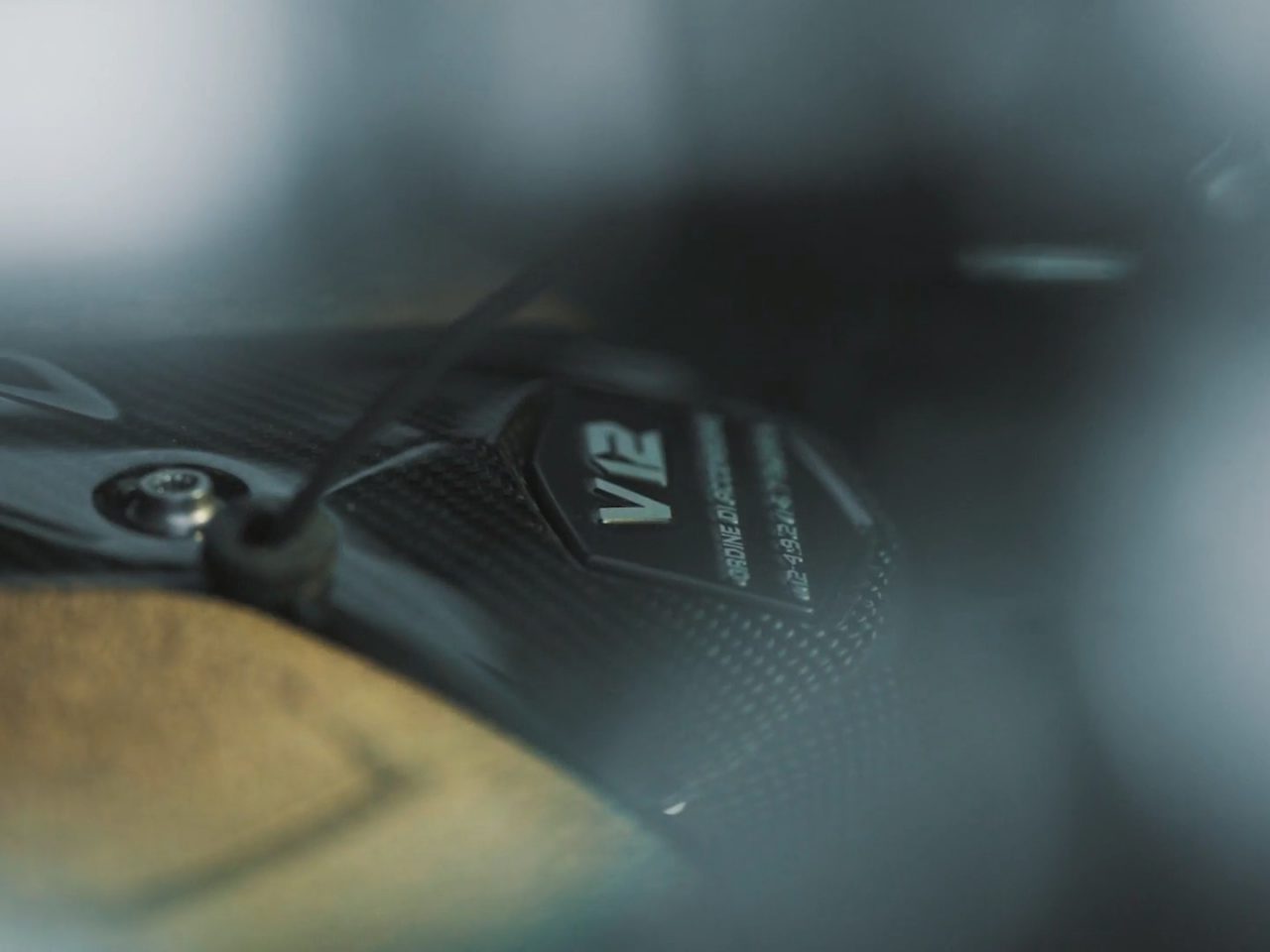 Close-up van een Lamborghini koolstofvezel V12-motorkap.