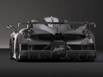 Achteraanzicht van een Pagani Imola-sportwagen op een effen achtergrond.