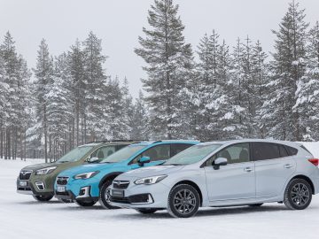 Drie Subaru Forester-auto's geparkeerd in de sneeuw met op de achtergrond pijnbomen.