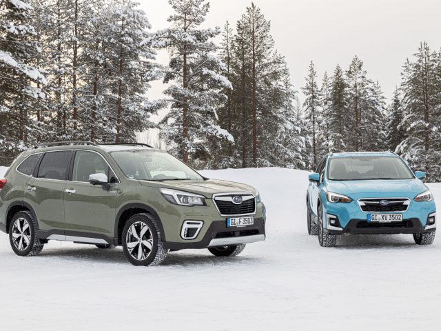 Twee Subaru Foresters geparkeerd op een besneeuwd terrein met op de achtergrond pijnbomen.