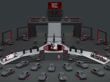 Een zorgvuldig opgestelde tentoonstelling van luxe auto's en motorfietsen rond een centraal podium met rode en zwarte branding voor IAMS 2020.