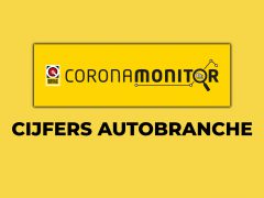 Grafische banner voor 'BOVAG Coronamonitor' met de tekst 'cijfers autobranche' op een gele achtergrond.