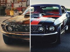 Voor en na de Car Masters: Rust to Riches seizoen 2 restauratie van een klassieke muscle car, waarin de transformatie wordt getoond van een met roest bedekte staat naar een gepolijste en gerenoveerde afwerking.