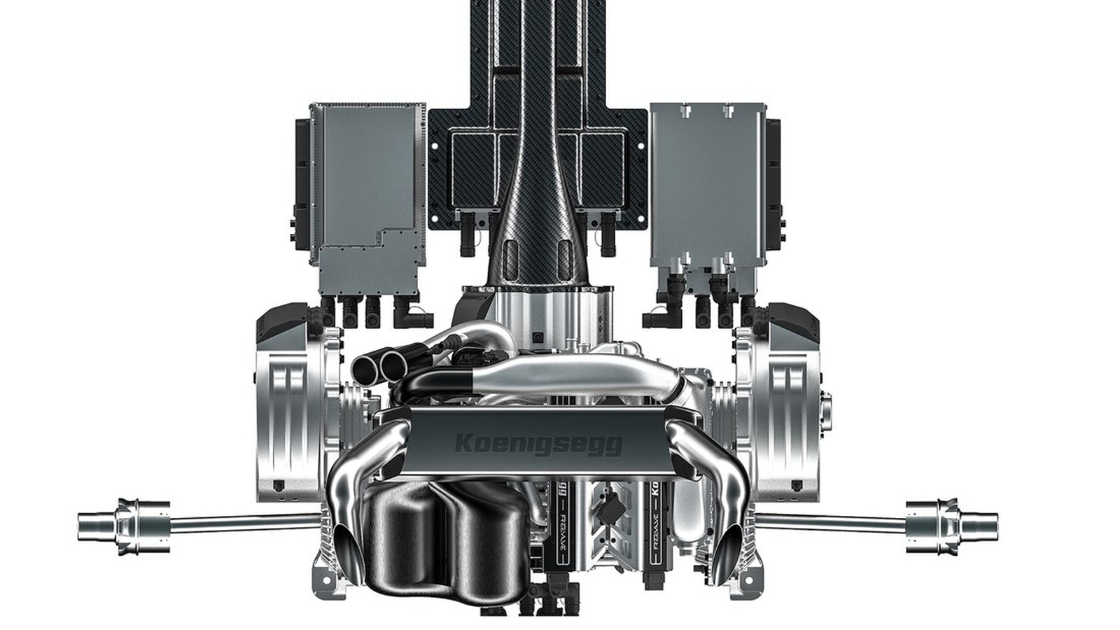 Explosietekening van de mechanische achterzijde van een Koenigsegg Gemera-auto, inclusief de motor- en ophangingscomponenten.