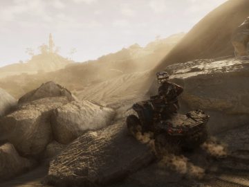 Een rijder op een terreinwagen die door rotsachtig terrein navigeert met stof achter zich aan onder een wazige hemel, en een grondige beoordeling van het viaduct biedt.