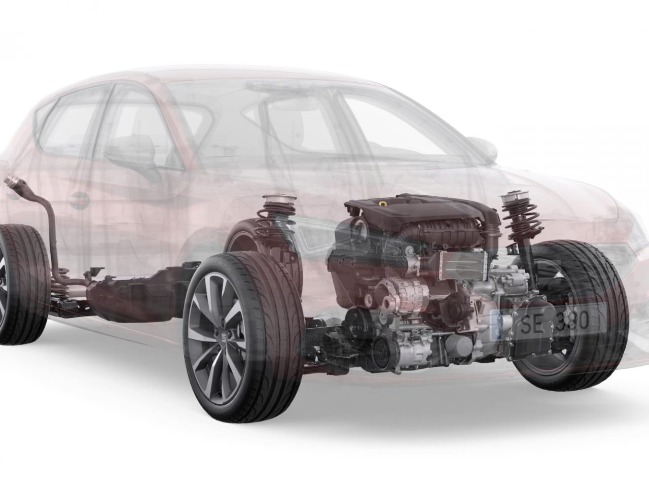 Transparante auto-overlay met de verbrandingsmotor, chassiscomponenten en een multi-energieplatform.