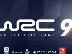 Logo van WRC 9, de officiële videogame, weergegeven met pictogrammen voor platformbeschikbaarheid voor Epic Games Store, Xbox One, PlayStation 4, PlayStation 5 en Nintendo Switch.