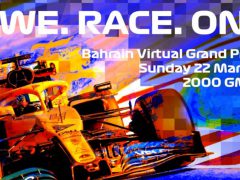 Promotieafbeelding voor het virtuele Grand Prix-evenement van Bahrein met kleurrijke graphics en racedetails in de opwindende wereld van het Formule-racen.