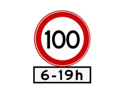 Snelheidslimietbord met maximale snelheid 100 km/u met tijdsbeperking van 06.00 uur tot 19.00 uur.