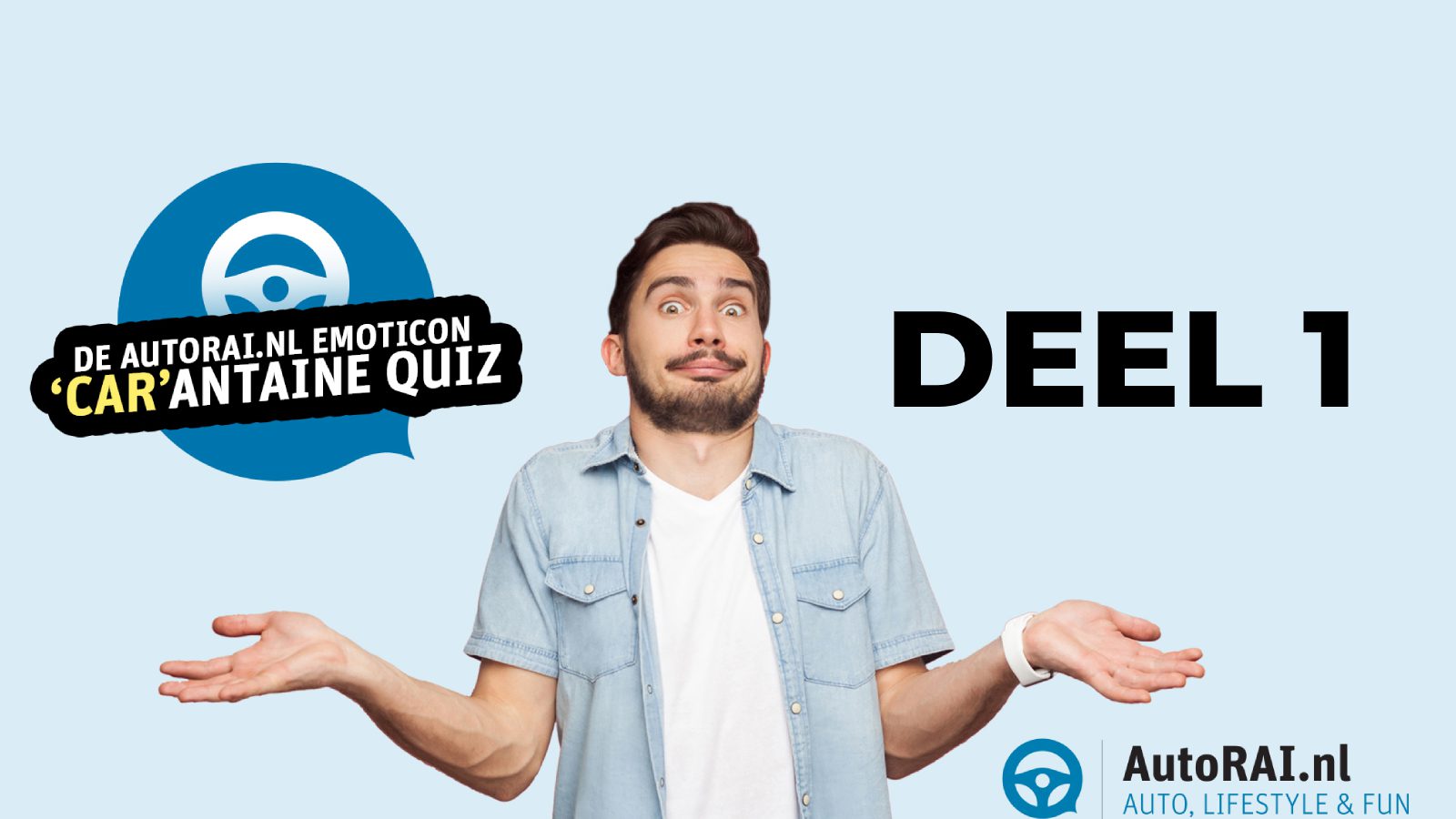 Man haalt zijn schouders op met een verwarde uitdrukking naast de tekst "de Emoticon 'Car'antaine Quiz, deel 1" en het autorai.nl-logo.